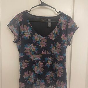 Vintage Y2K Whimseygoth Fairycore Axcess Black Floral‎ Mesh Blouse Sheer